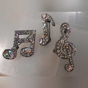 Sparkling Rhinestone Music Note Brooch Trio